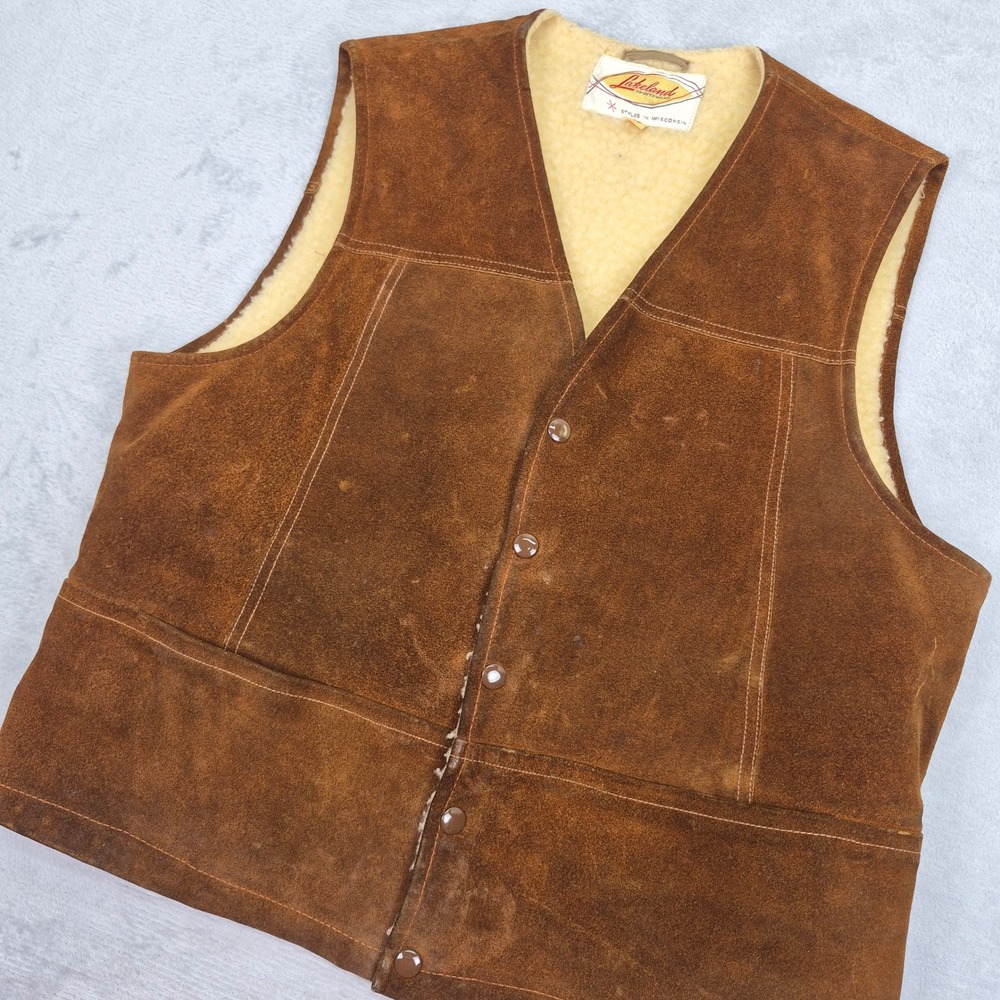 Authentic Vintage Brown Suede Sherpa Lined Western Vest Ranch Cowboy Mens 42 L